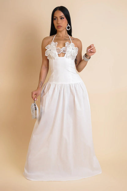 Blossom Halter Maxi Dress White