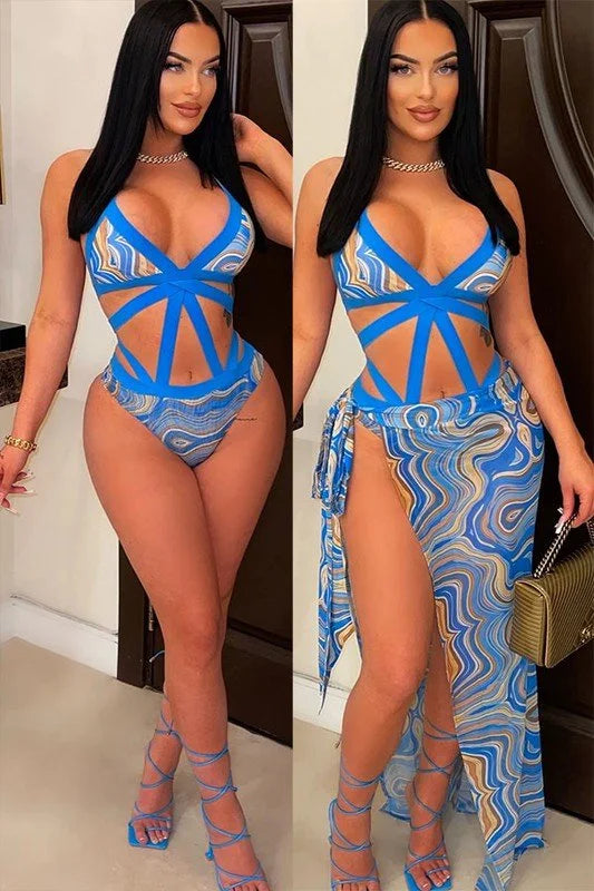 2 PCs  Wave Strappy Swimsuit and Sarong Set - Royal Blue