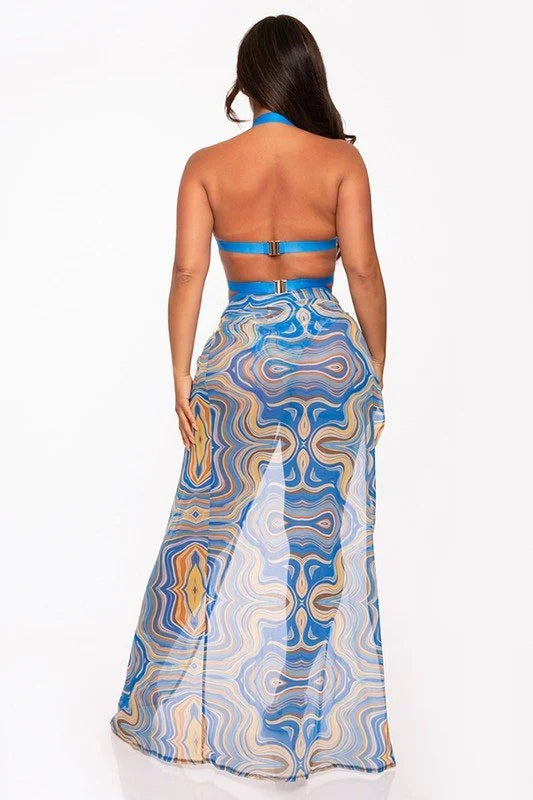2 PCs  Wave Strappy Swimsuit and Sarong Set - Royal Blue