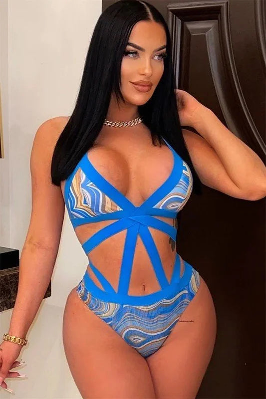 2 PCs  Wave Strappy Swimsuit and Sarong Set - Royal Blue
