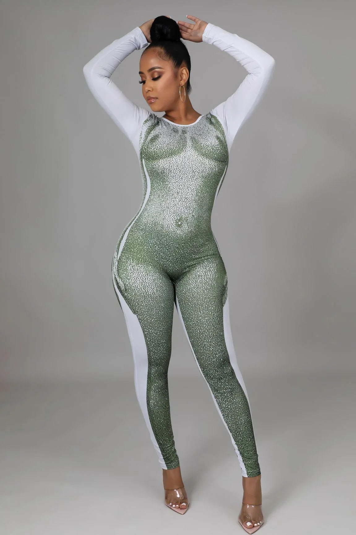 Body Babe Olive Jumpsuit with Long Sleeves and Contour Fit
