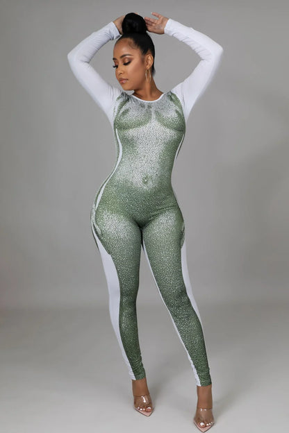 Body Babe Olive Jumpsuit with Long Sleeves and Contour Fit
