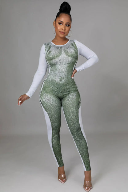 Body Babe Olive Jumpsuit with Long Sleeves and Contour Fit