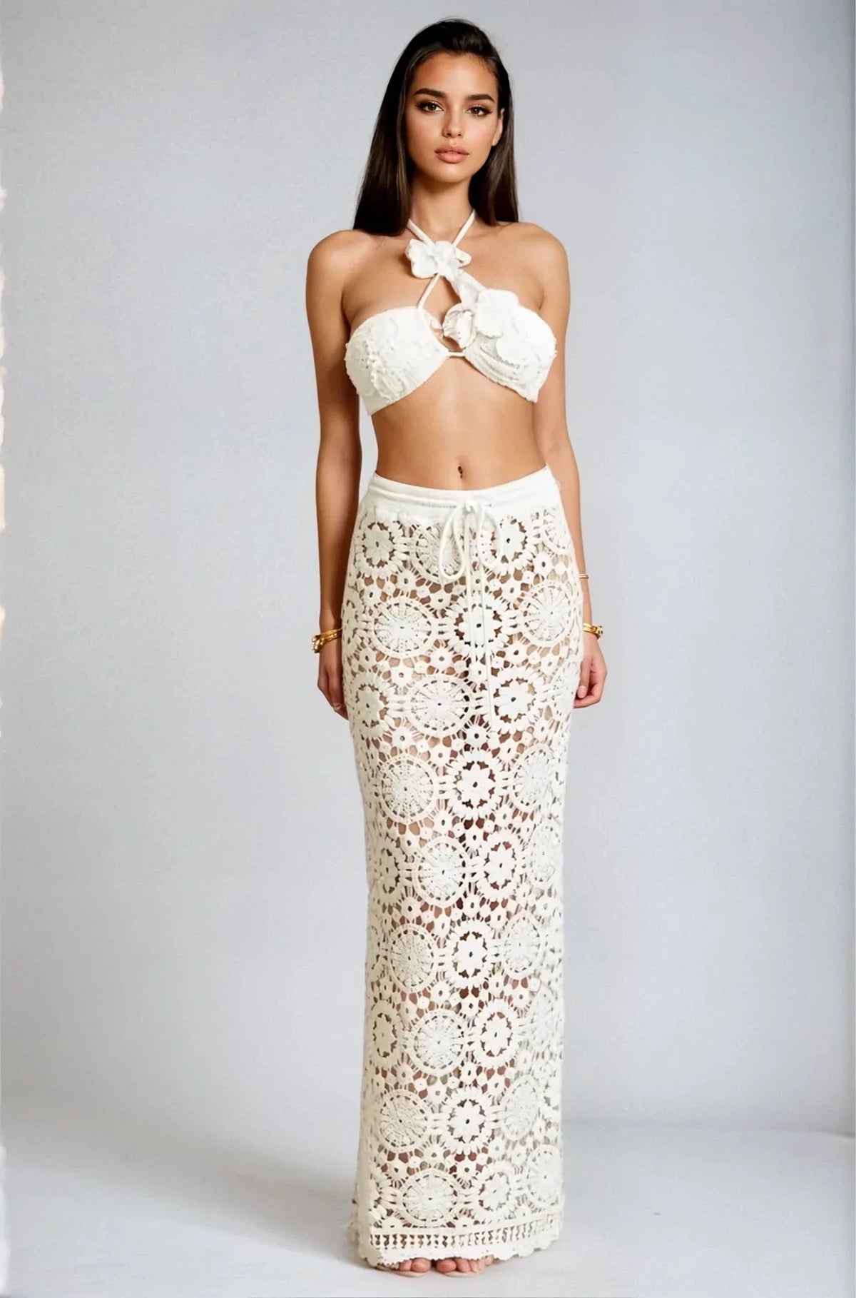 Boho Bloom Crochet Skirt Set - White