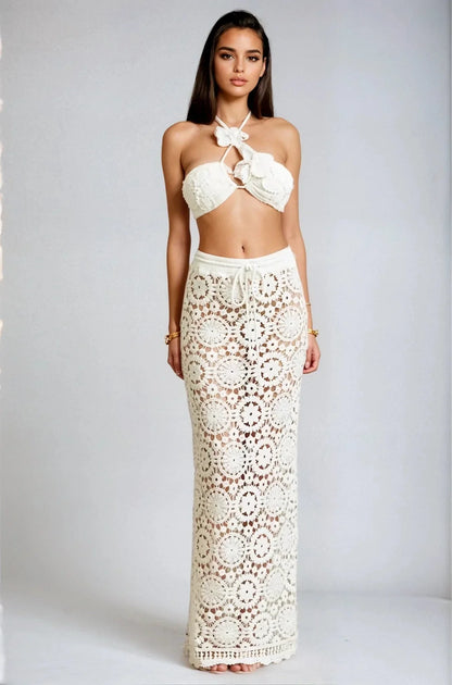 Boho Bloom Crochet Skirt Set - White
