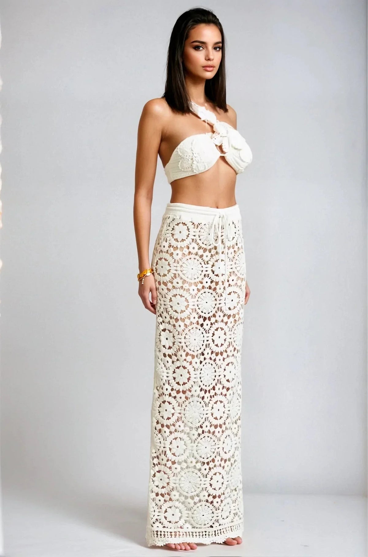Boho Bloom Crochet Skirt Set - White