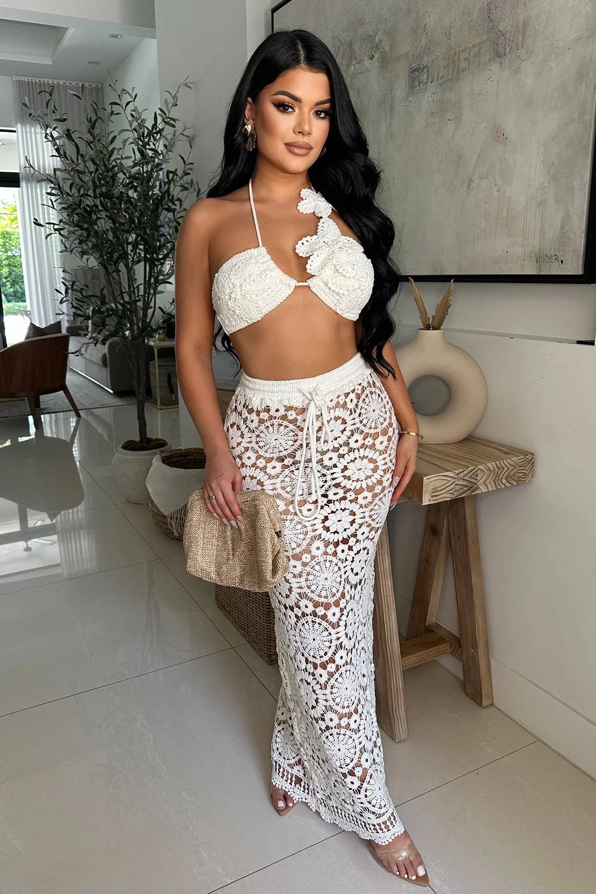 Boho Bloom Crochet Skirt Set - White