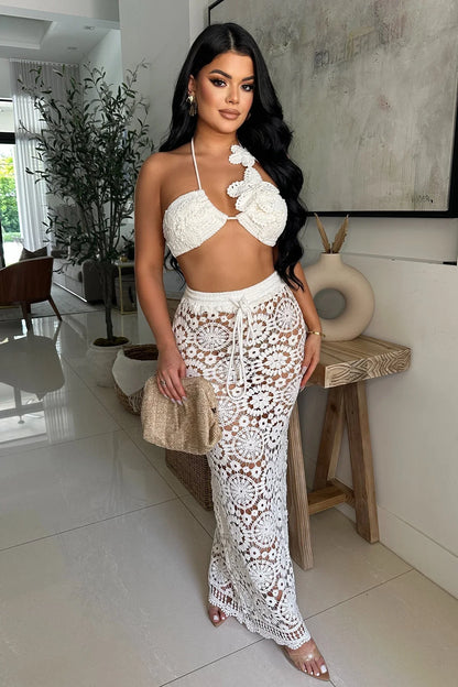 Boho Bloom Crochet Skirt Set - White