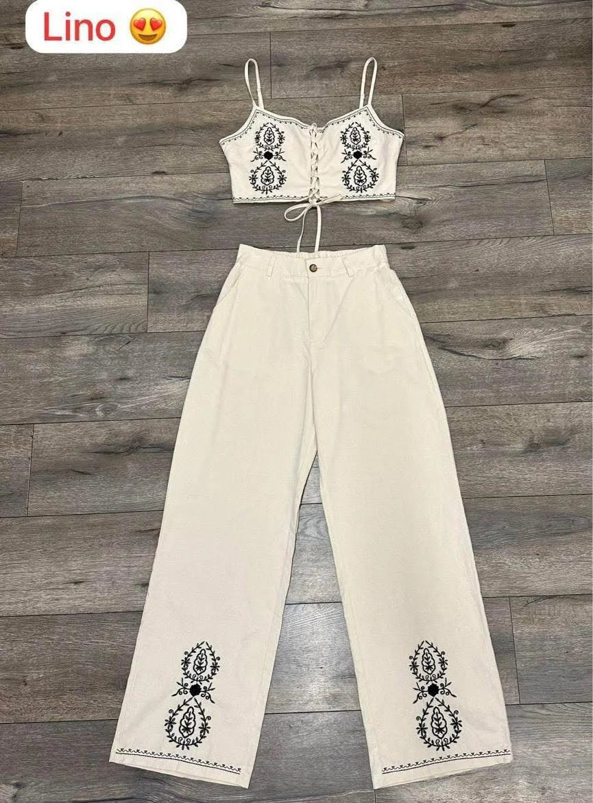 Boho Bloom Embroidered Pant Set- Beige