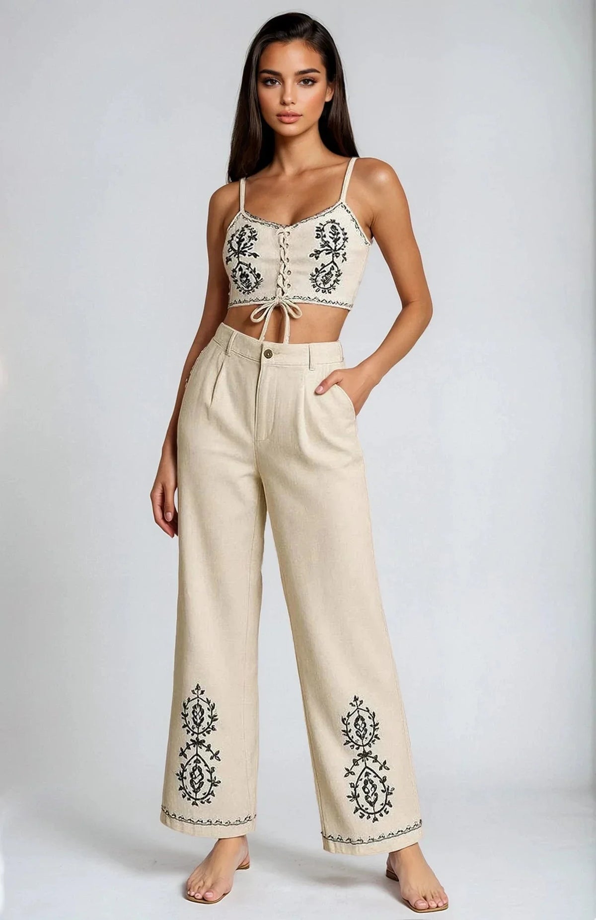 Boho Bloom Embroidered Pant Set- Beige