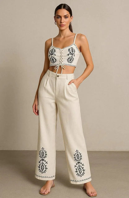 Boho Bloom Embroidered Pant Set- Beige