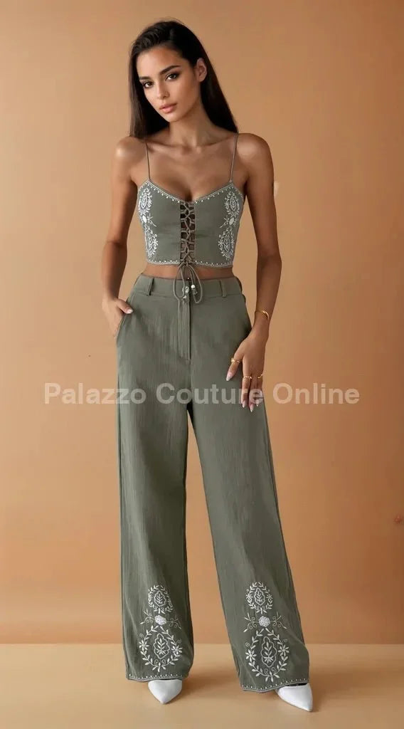 Boho Bloom Embroidered Pant Set- Olive