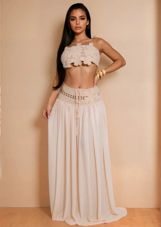 Boho Breeze Crochet Skirt Set - Natural