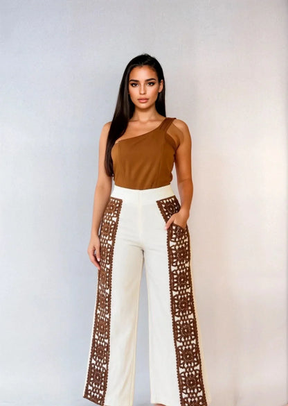 Boho Luxe Wide-Leg Crochet Panel Pants
