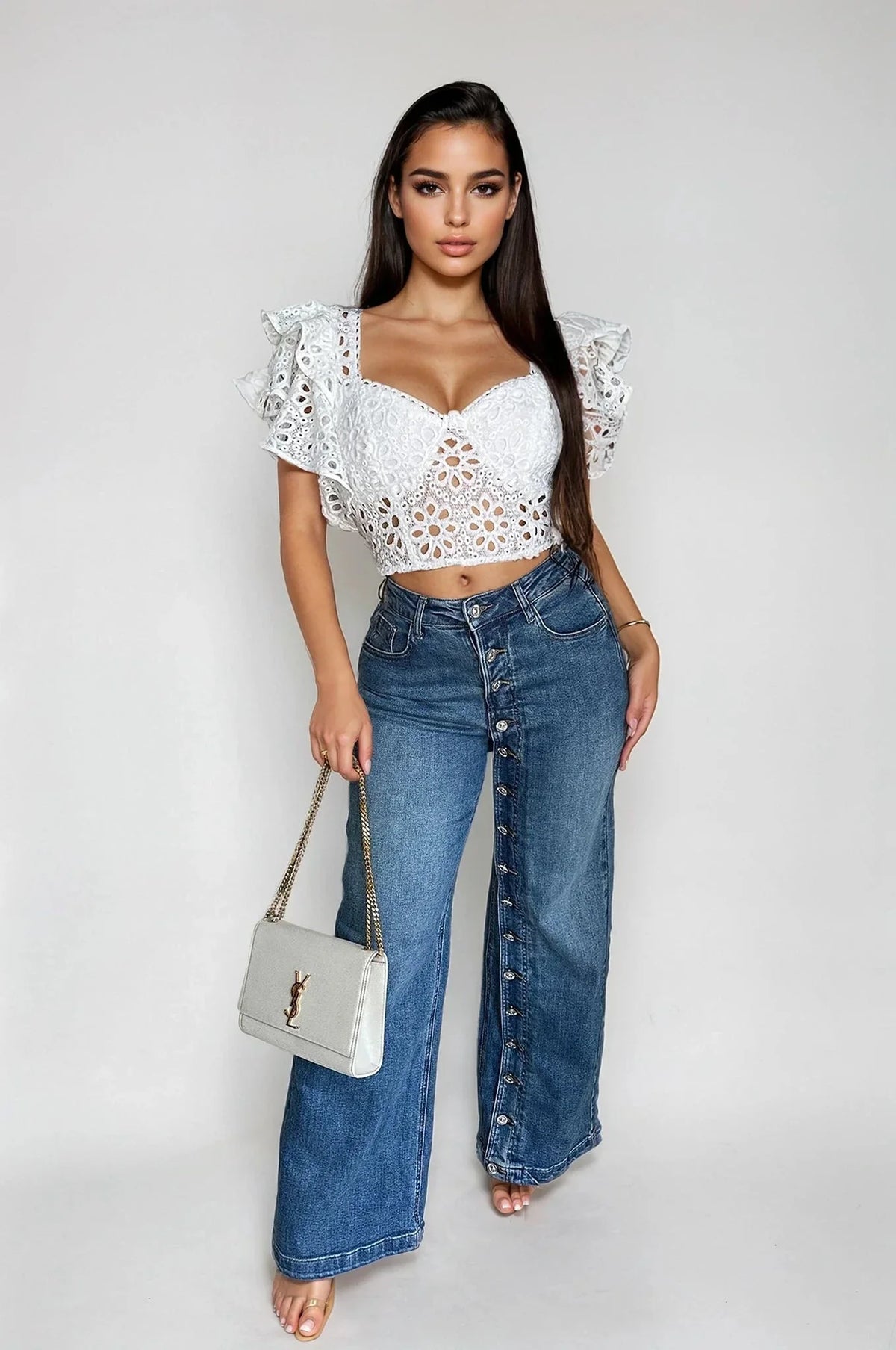 Bold Detail Button-Up Wide Leg Jeans