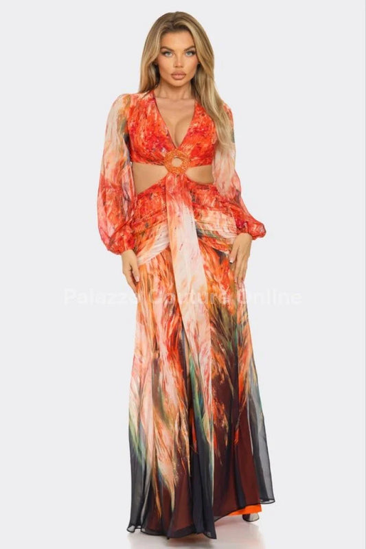 Bora Bora Chiffon Print Cut Out Maxi Dress (Orange)