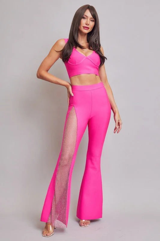 Boreal Crystal Mesh Detail Pants Set (Hot Pink)