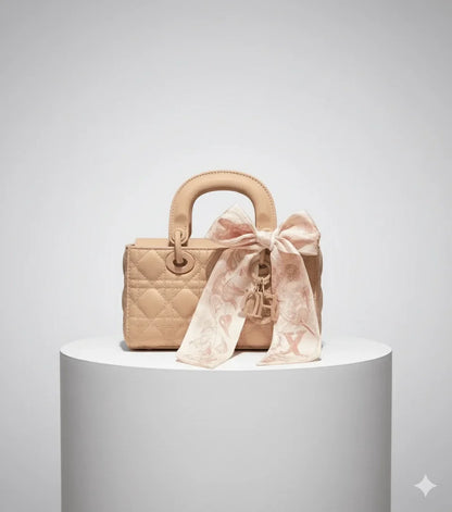 Bow Charm Quilted Mini Tote Bag with Detachable Scarf Accent