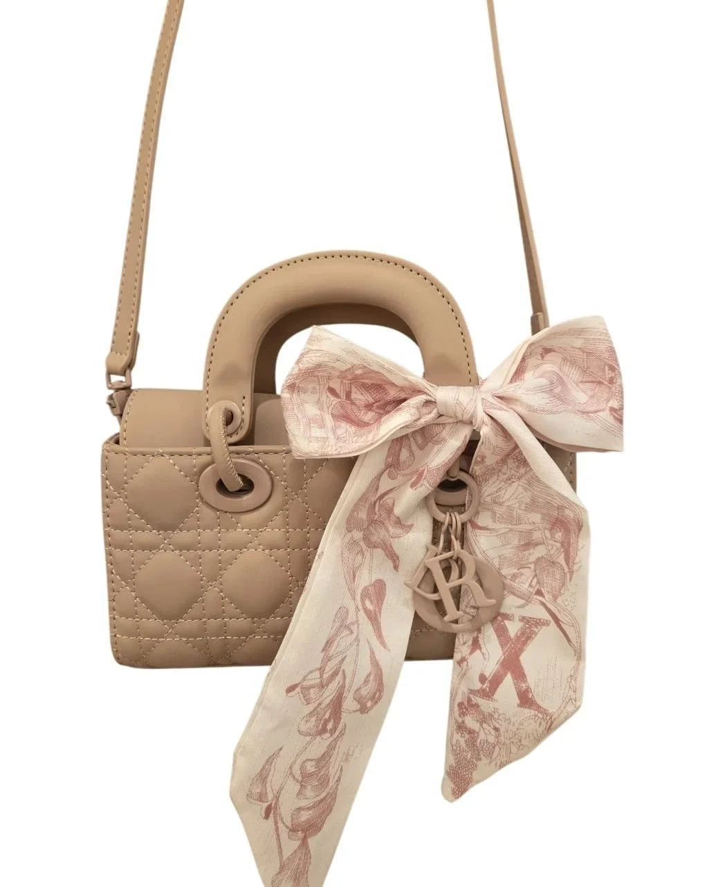 Bow Charm Quilted Mini Tote Bag with Detachable Scarf Accent