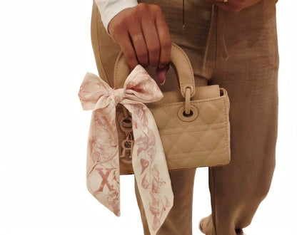 Bow Charm Quilted Mini Tote Bag with Detachable Scarf Accent