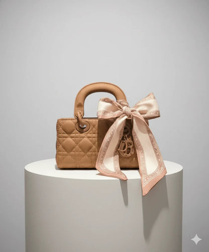 Bow Charm Quilted Mini Tote Bag with Detachable Scarf Accent