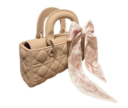 Bow Charm Quilted Mini Tote Bag with Detachable Scarf Accent