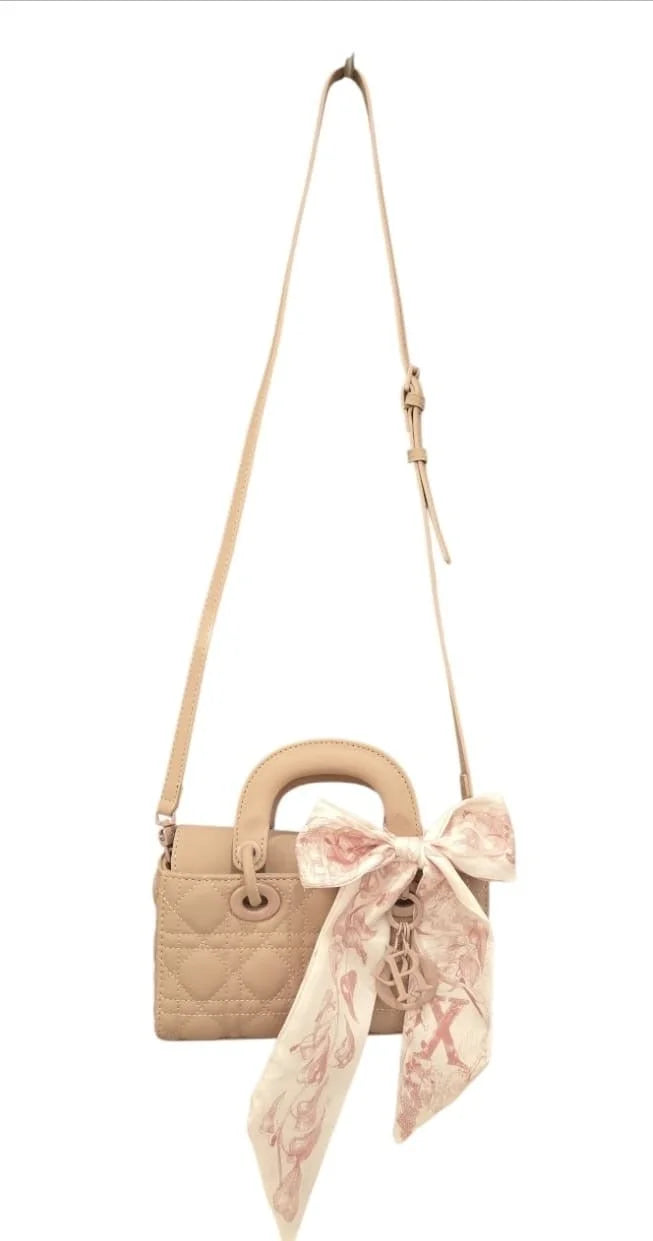 Bow Charm Quilted Mini Tote Bag with Detachable Scarf Accent