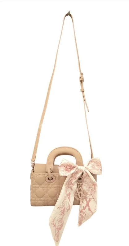 Bow Charm Quilted Mini Tote Bag with Detachable Scarf Accent
