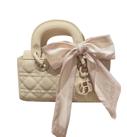 Bow Charm Quilted Mini Tote Bag with Detachable Scarf Accent