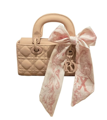 Bow Charm Quilted Mini Tote Bag with Detachable Scarf Accent