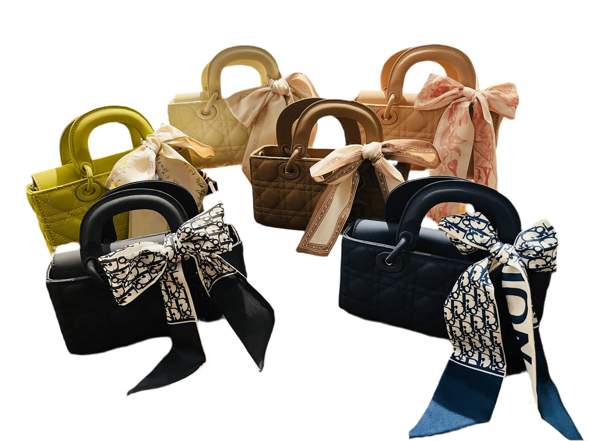 Bow Charm Quilted Mini Tote Bag with Detachable Scarf Accent