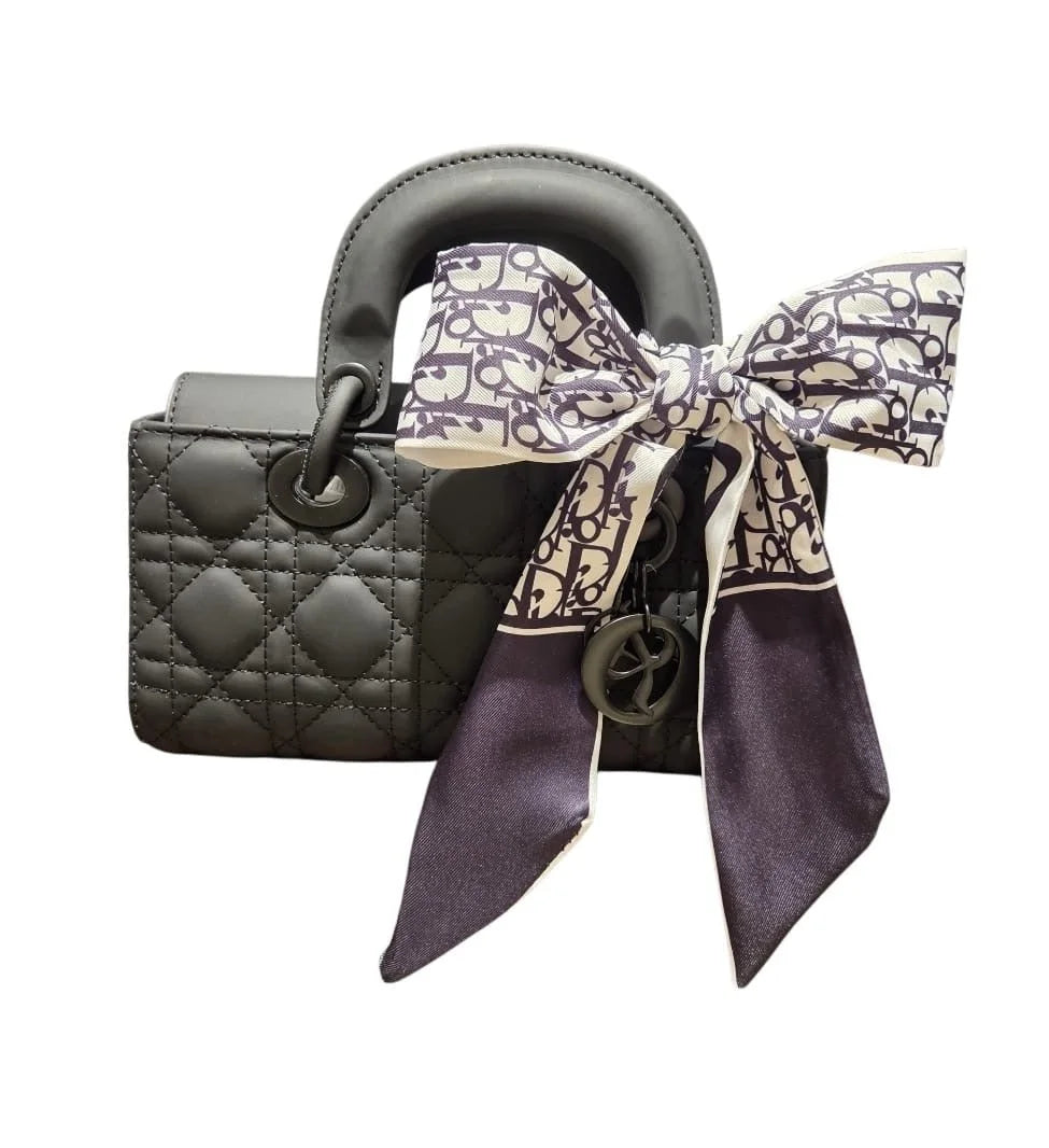 Bow Charm Quilted Mini Tote Bag with Detachable Scarf Accent