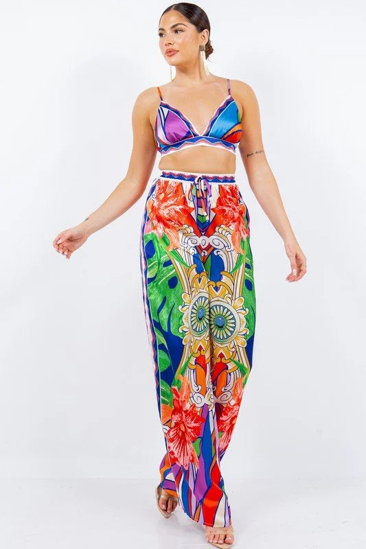 Bra top and Wide leg pants set (Multi)