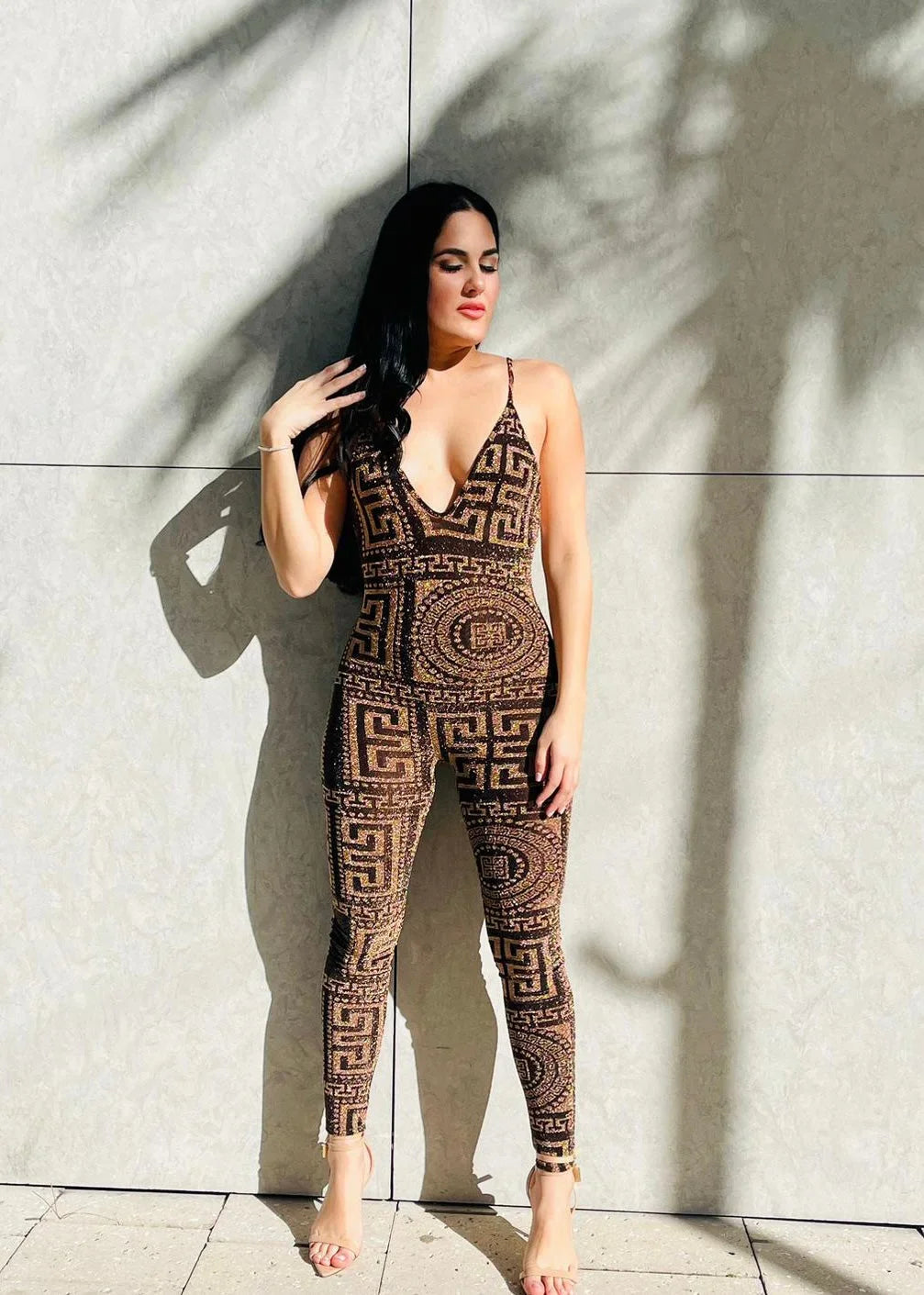 Bronze Royalty Bronze Jumpsuit with Sheer Velvet Detail