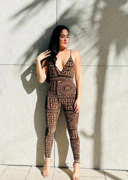 Bronze Royalty Bronze Jumpsuit with Sheer Velvet Detail
