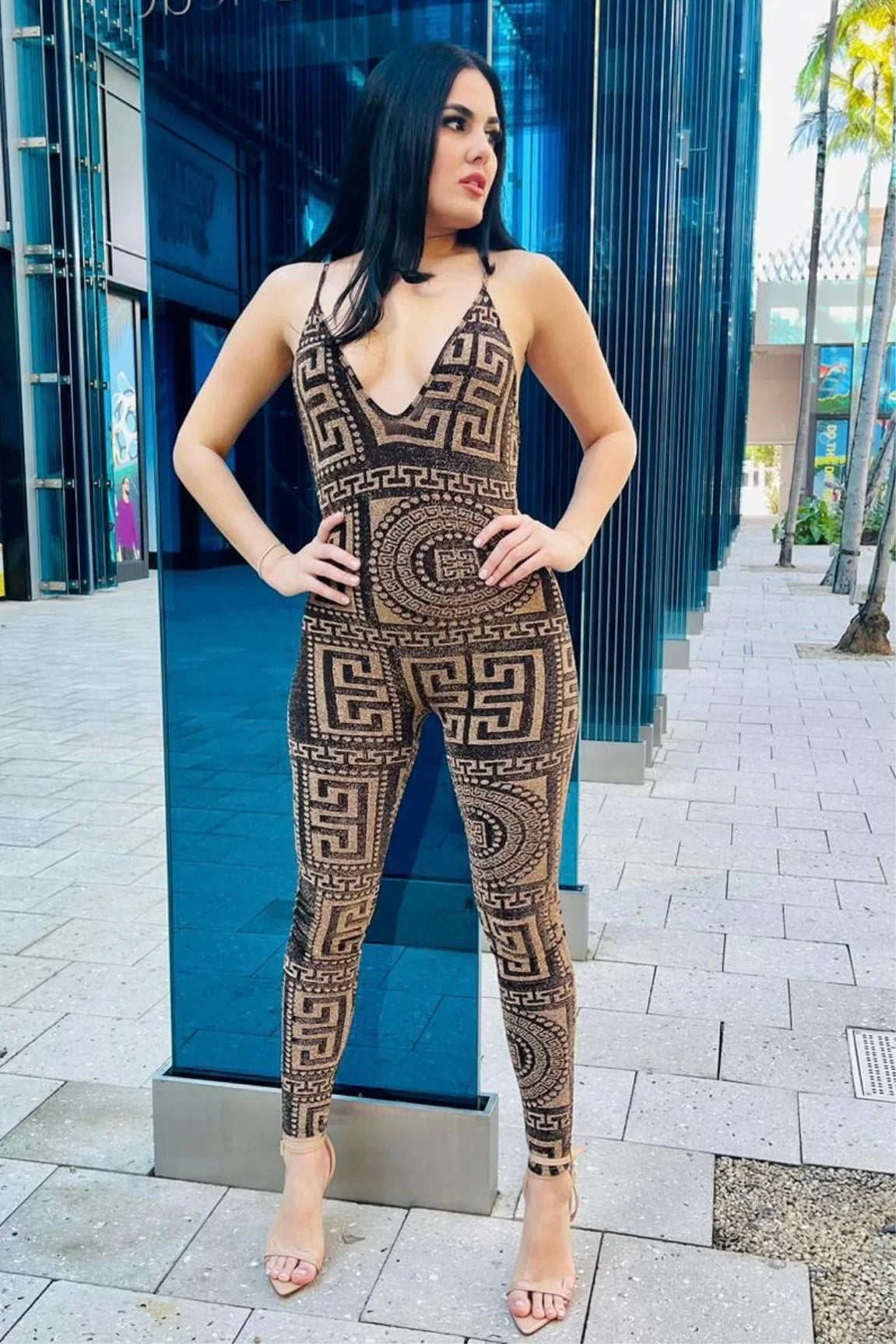 Bronze Royalty Bronze Jumpsuit with Sheer Velvet Detail