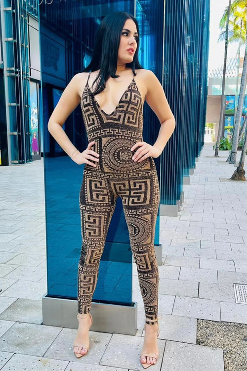 Bronze Royalty Bronze Jumpsuit with Sheer Velvet Detail