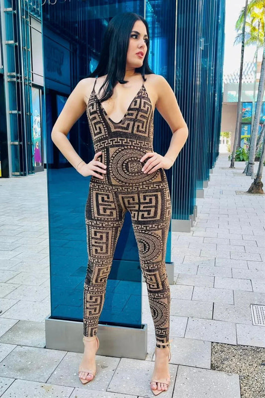 Bronze Royalty Bronze Jumpsuit with Sheer Velvet Detail