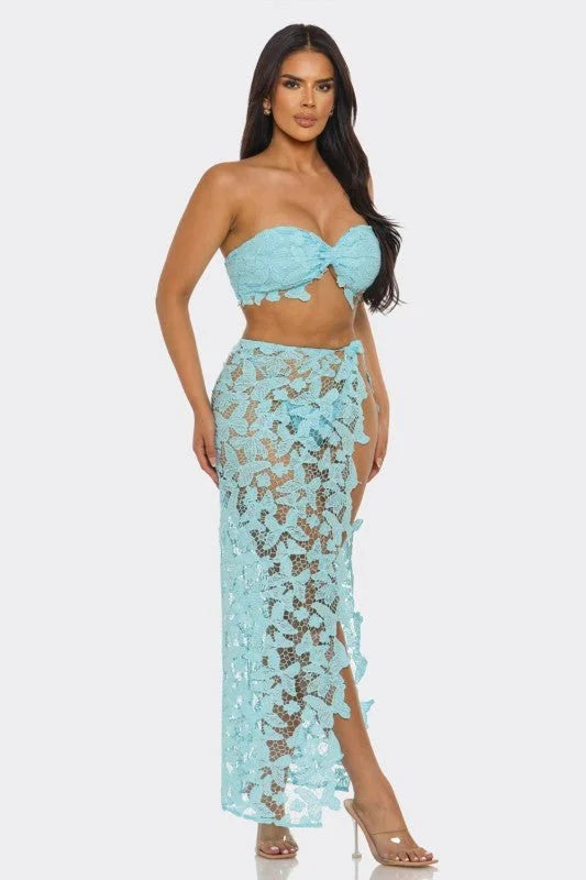 Butterfly Romance 2 Piece Lace Maxi Skirt Set - Baby Blue