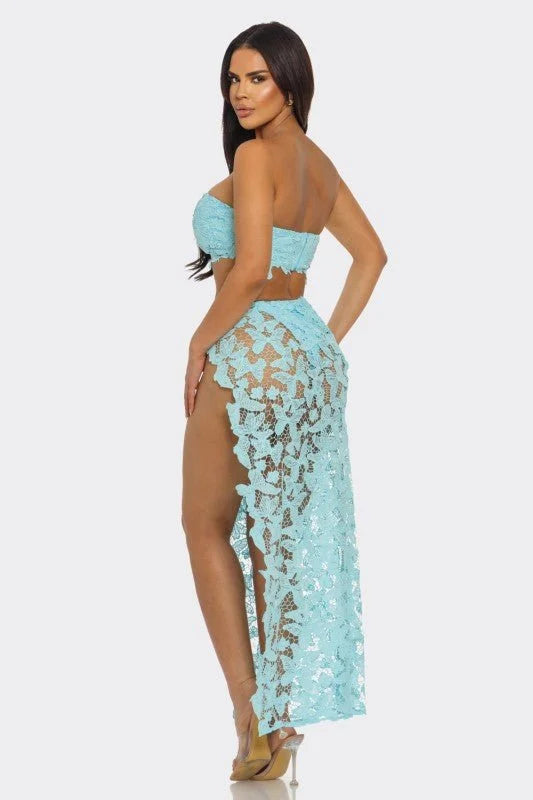 Butterfly Romance 2 Piece Lace Maxi Skirt Set - Baby Blue