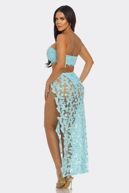 Butterfly Romance 2 Piece Lace Maxi Skirt Set - Baby Blue