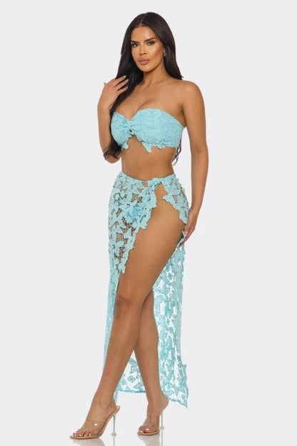 Butterfly Romance 2 Piece Lace Maxi Skirt Set - Baby Blue