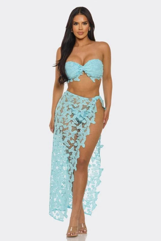 Butterfly Romance 2 Piece Lace Maxi Skirt Set - Baby Blue