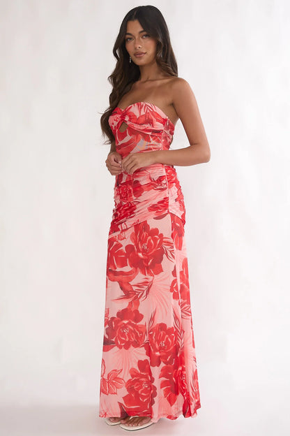 Kallira Strapless Ruched Maxi Dress Floral Red