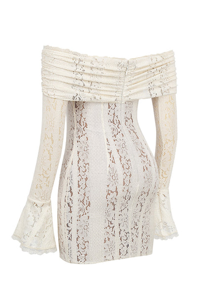 vintage cream floral lace off shoulder mini dress