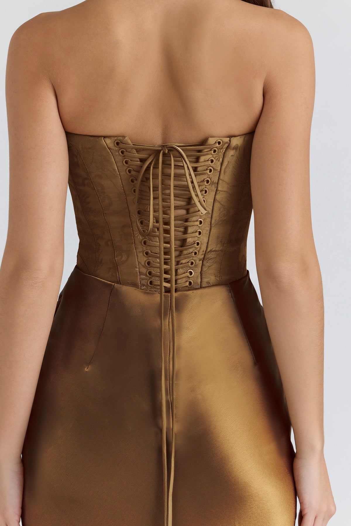 bronze brocade satin corset maxi dress
