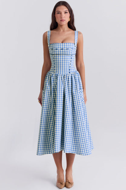 regatta blue gingham midi sundress