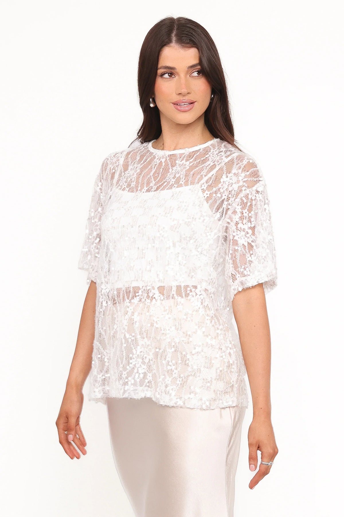Yonder Sheer Lace Tee Top - White