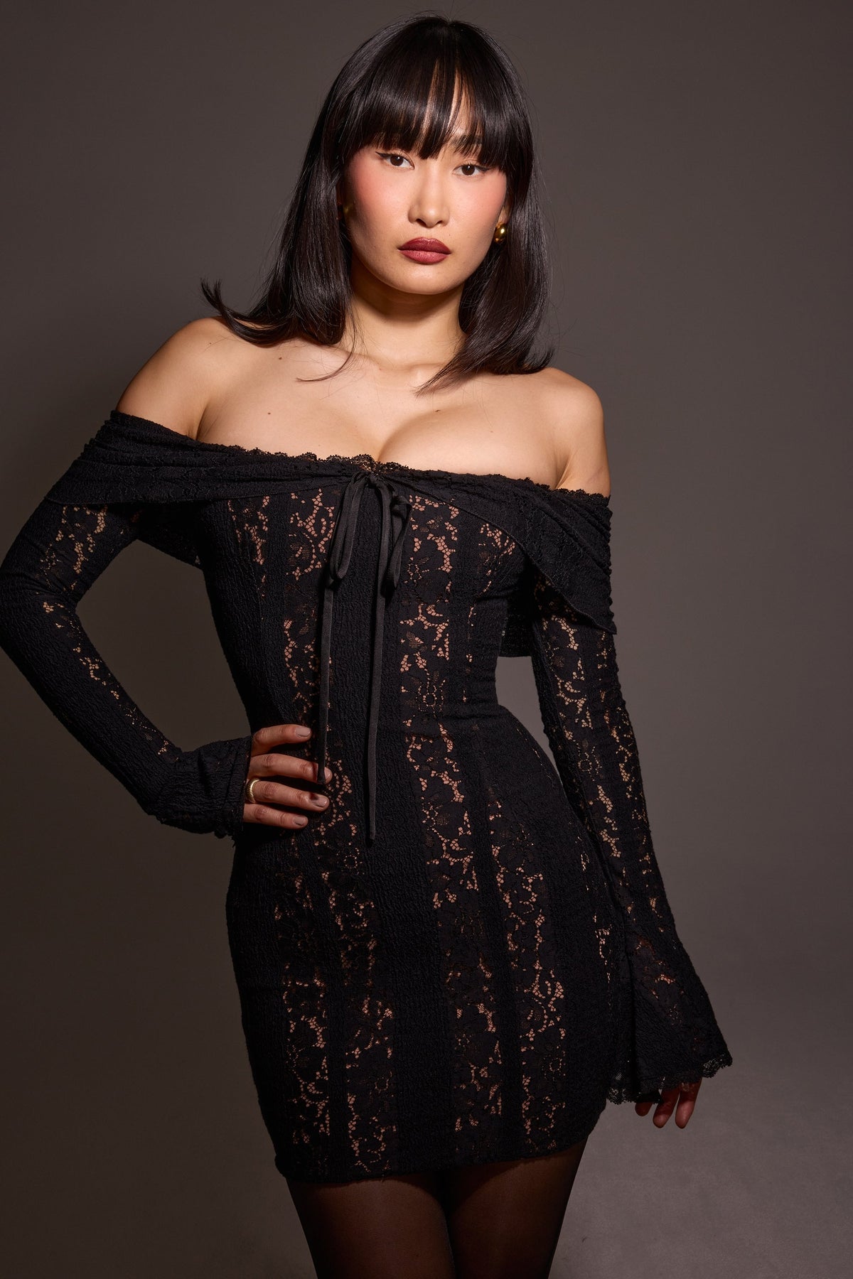 black floral lace off shoulder mini dress