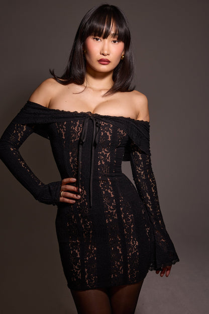black floral lace off shoulder mini dress